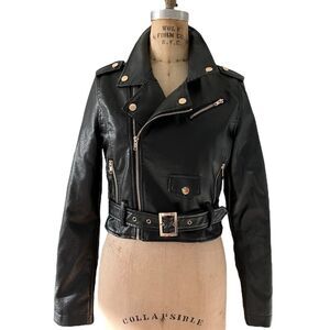 Black Faux Leather Biker Jacket with Belt
Size S